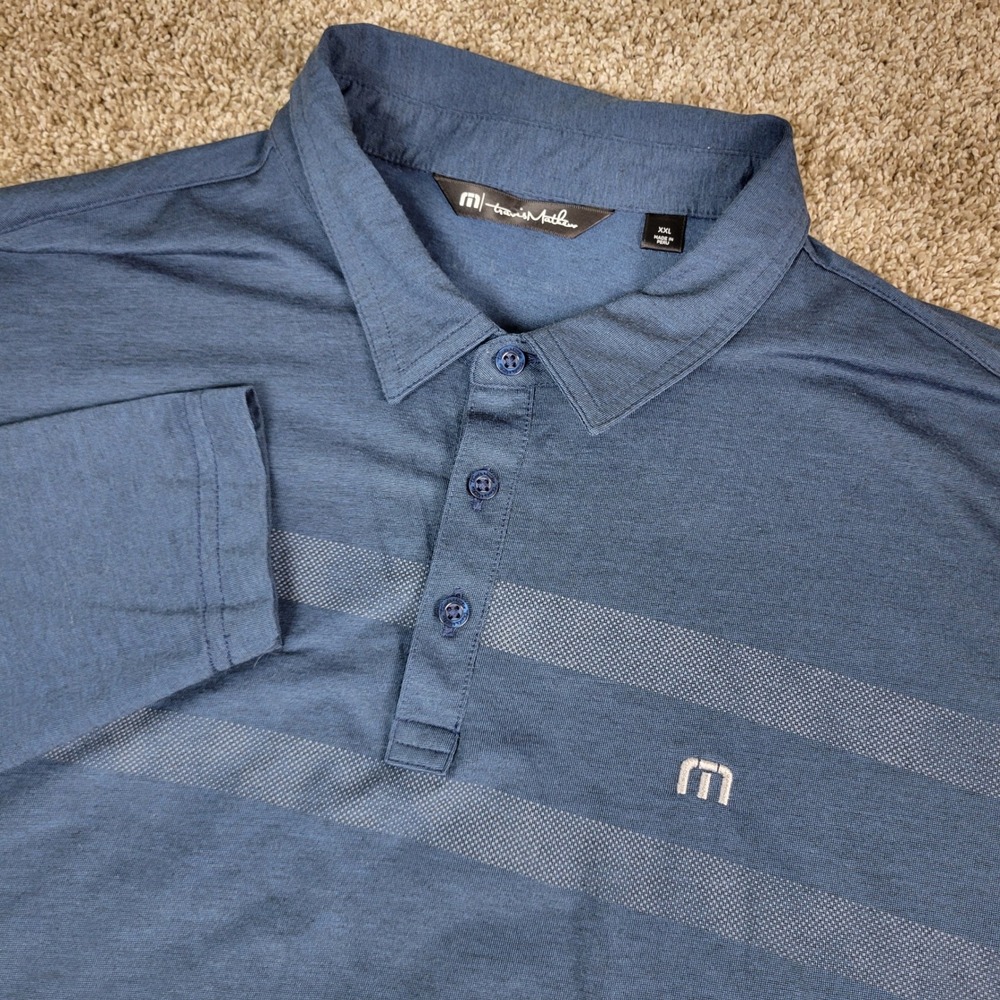 Travis Mathew‎ Polo Shirt Mens XXL Blue Striped Long Sleeve Performance Stretch